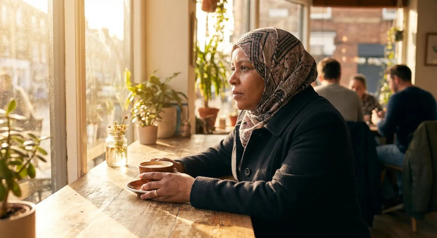 African Muslim singles on a coffee date — dating challenges illustration