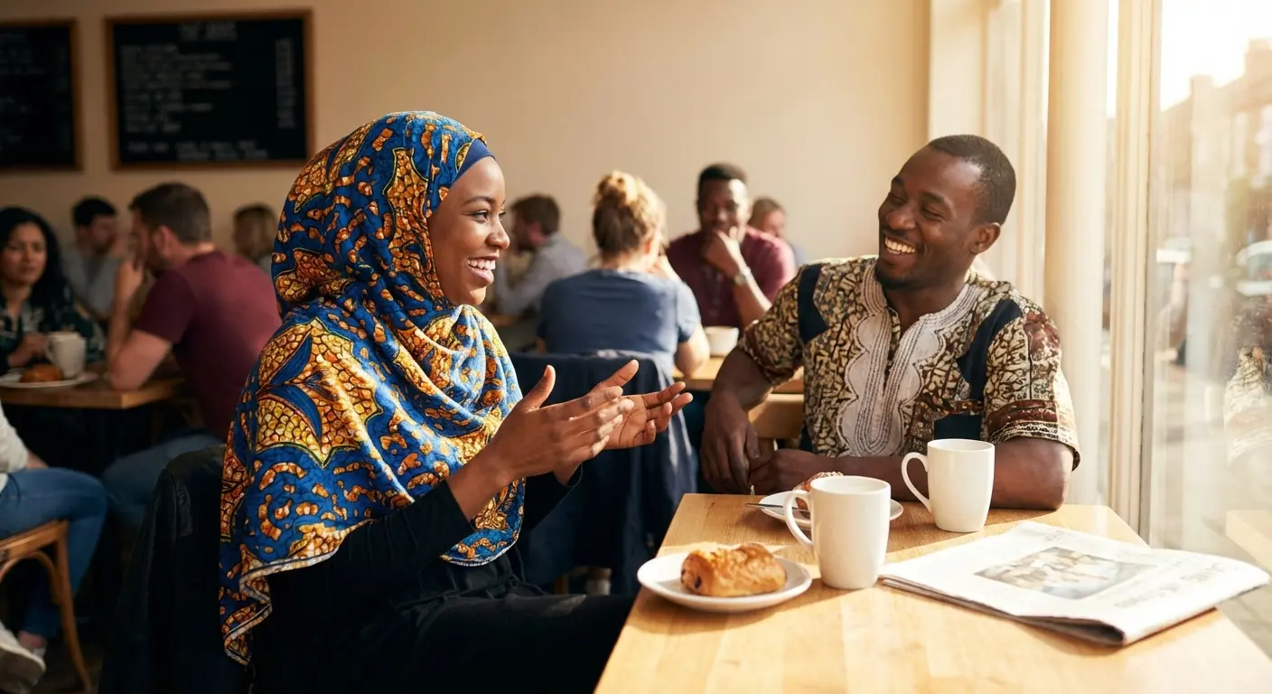 African Muslim singles on a coffee date — success stories illustration