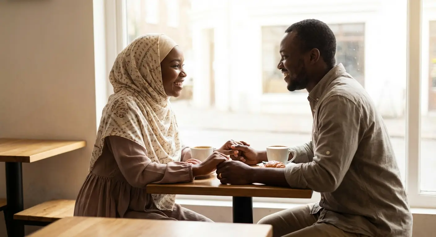 African Muslim singles on a coffee date — marriage guide illustration