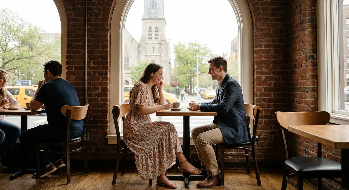 Catholic Christian singles on a coffee date — dating guide illustration