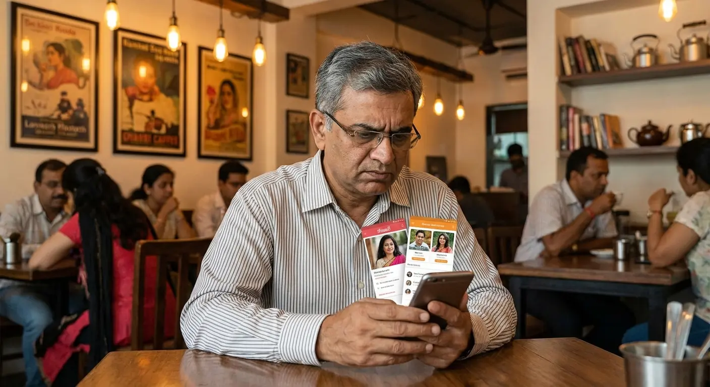 Gujarati Hindu singles on a coffee date — app comparison illustration