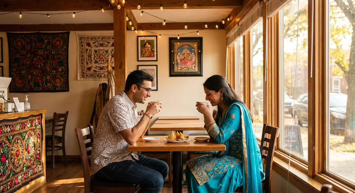 Gujarati Hindu singles on a coffee date — dating guide illustration