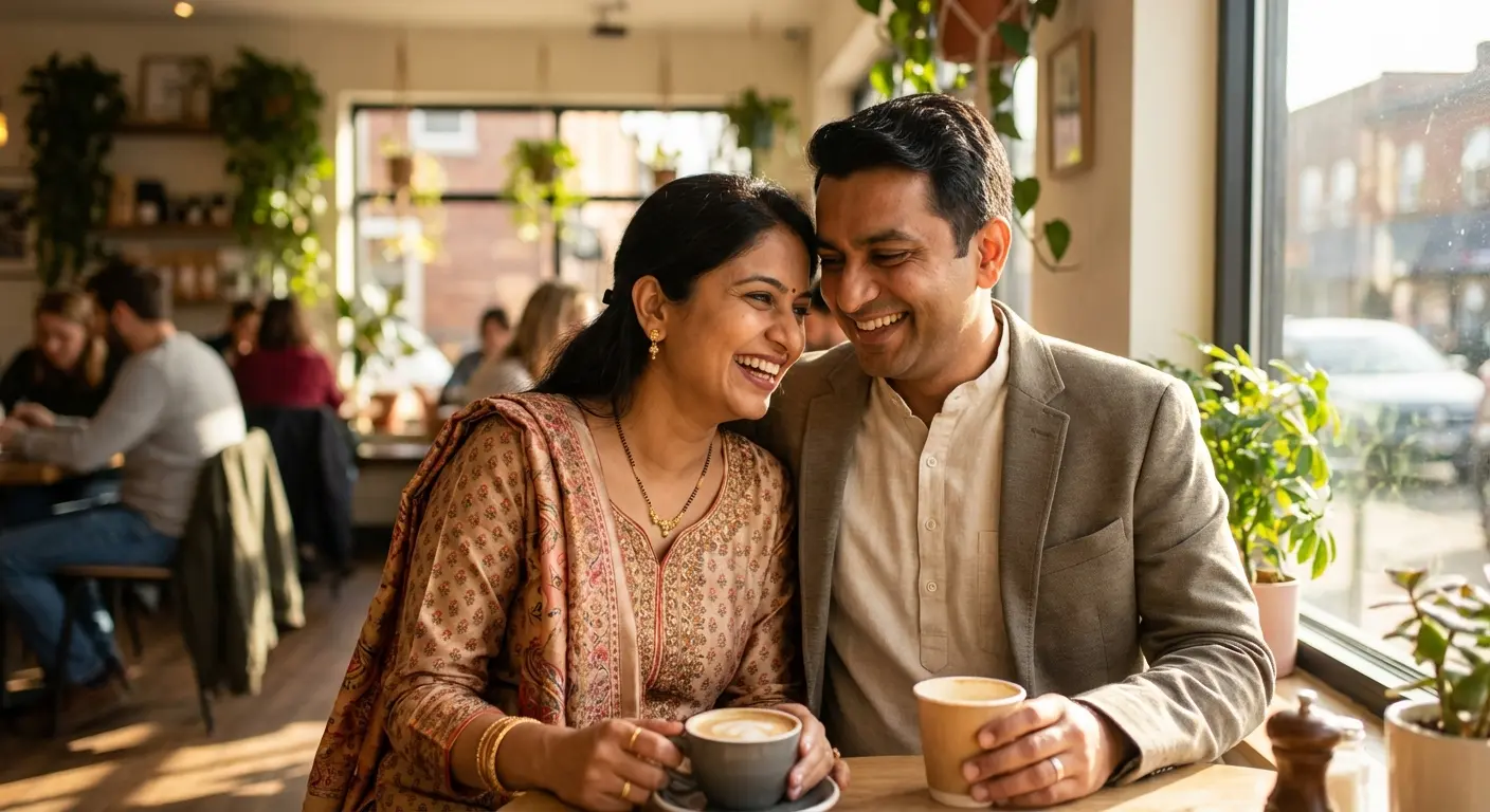 Gujarati Hindu singles on a coffee date — marriage guide illustration