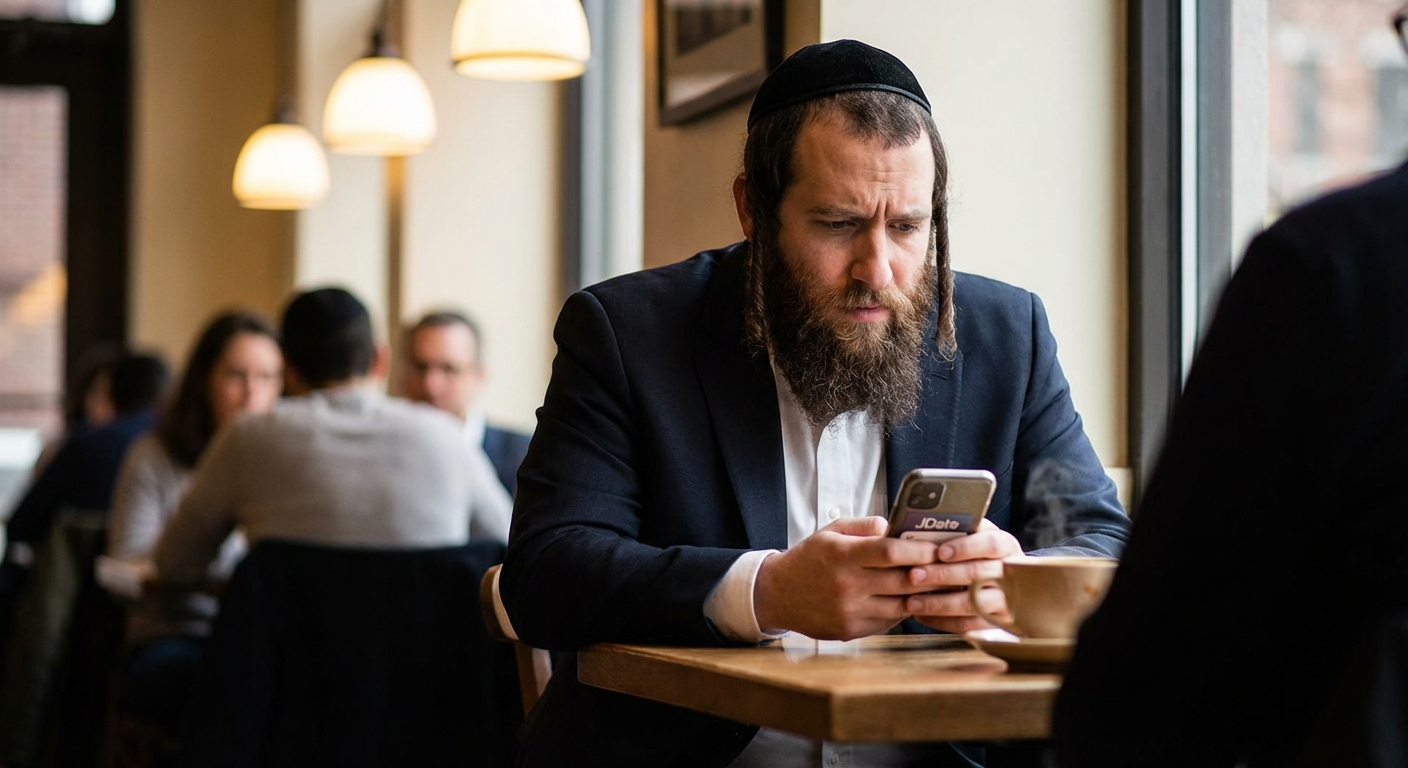 Orthodox Jewish singles on a coffee date — app comparison illustration