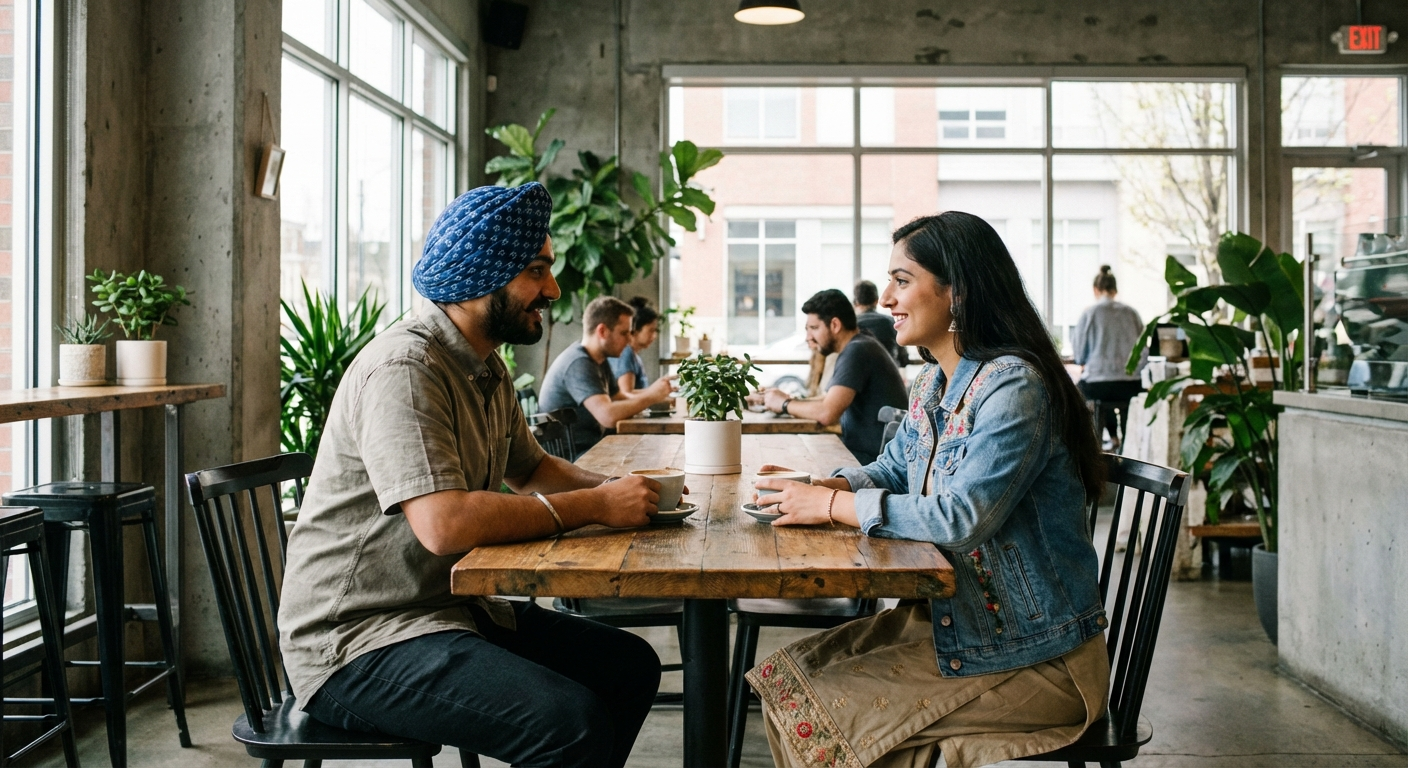 Punjabi Sikh singles on a coffee date — dating guide illustration