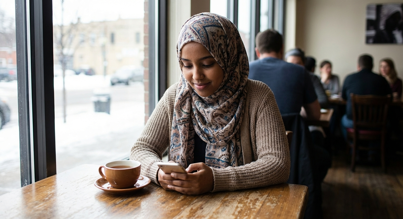Somali Muslim singles on a coffee date — app comparison illustration