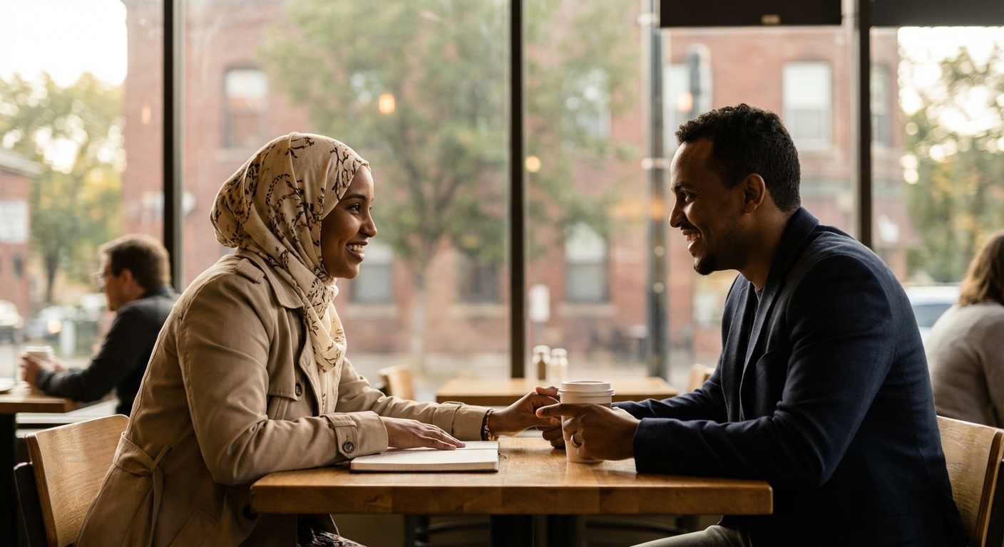 Somali Muslim singles on a coffee date — marriage guide illustration