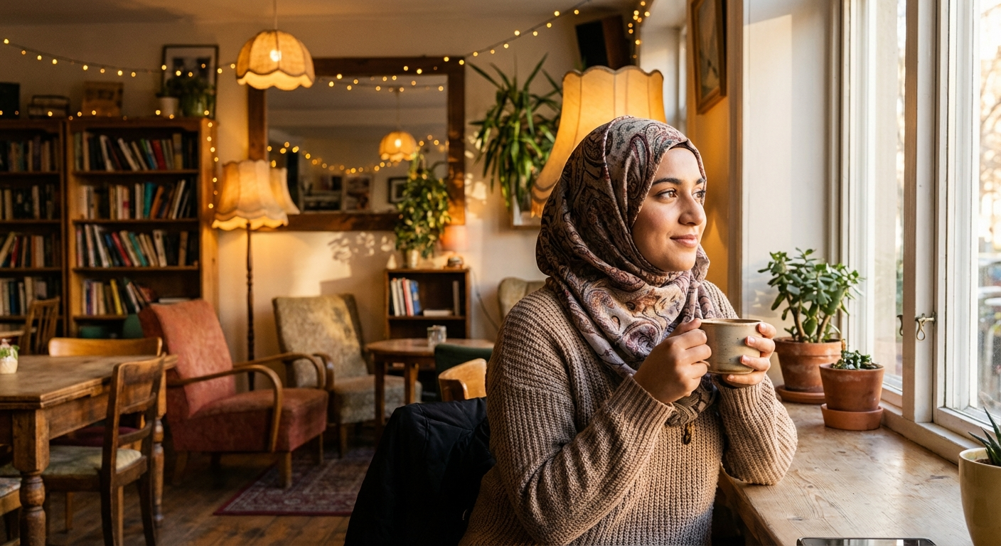South Asian Muslim singles on a coffee date — dating challenges illustration