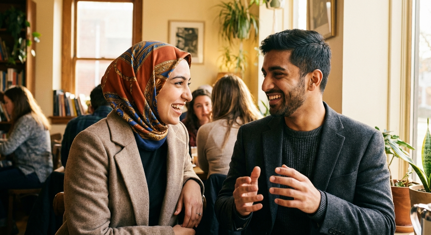South Asian Muslim singles on a coffee date — success stories illustration