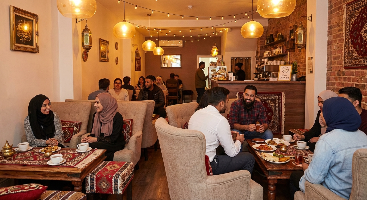 South Asian Muslim singles on a coffee date — meeting places illustration